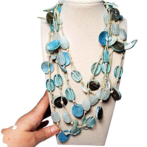 Blue Glass Bead Shell Multi Strand Necklace Extra Long 32" Beachy - Picture 2 of 7